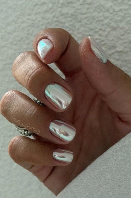 White Silver Chrome on Short Round Nails - chrome nail designs for women over 60