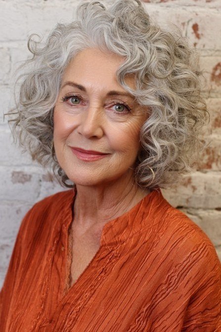 Silver curly bob front view, smiling, orange top - curly hairstyle for women over 60