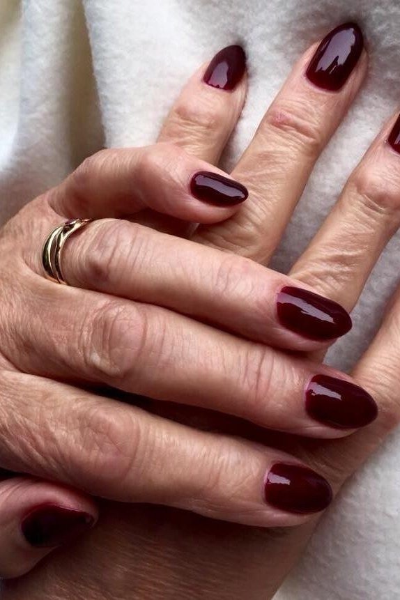 Burgundy Nails on Mature Hands, nail color idea for women over 60