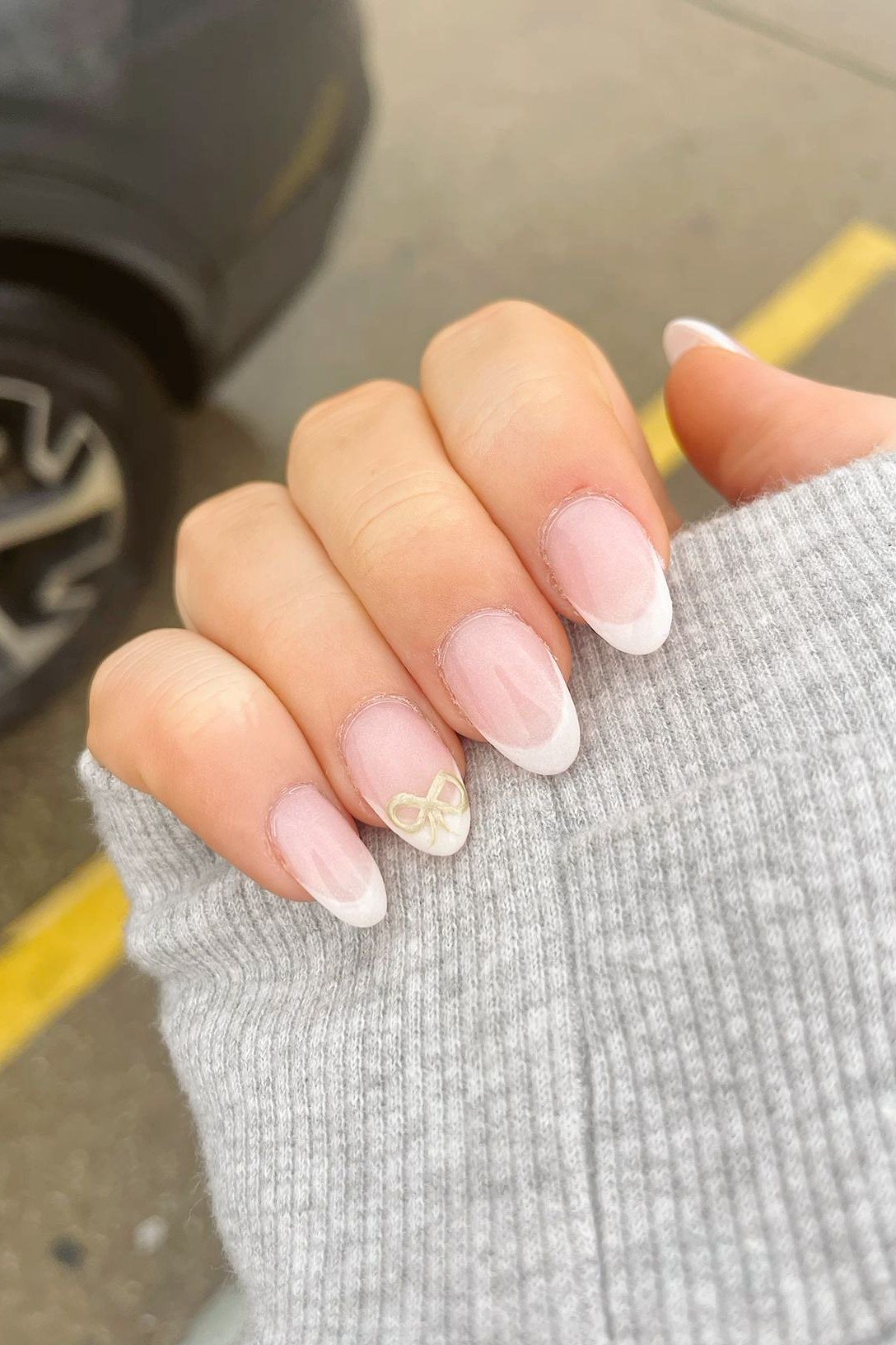Tiny Gold Bow Charm - micro french manicure with ultra-thin tip line, elegant nail design for women over 50