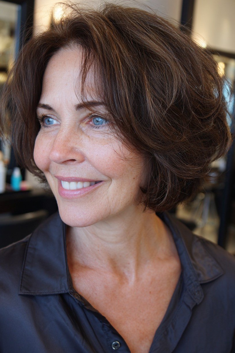 chocolate brown layered bob, 3/4 view — chin-length layered bob hairstyle for women over 50
