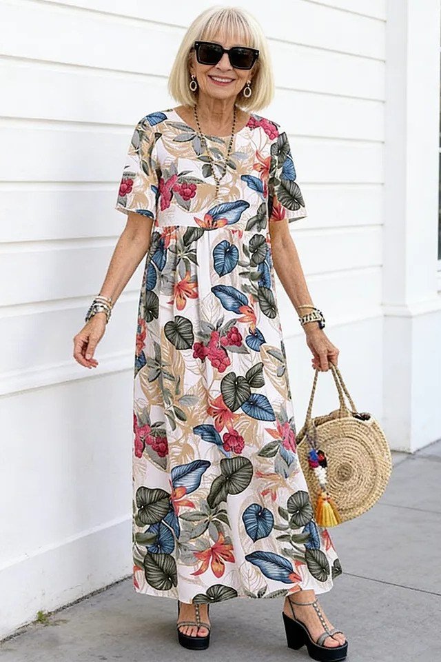 Breezy summer dress for women over 60: coral sheath with striped hem