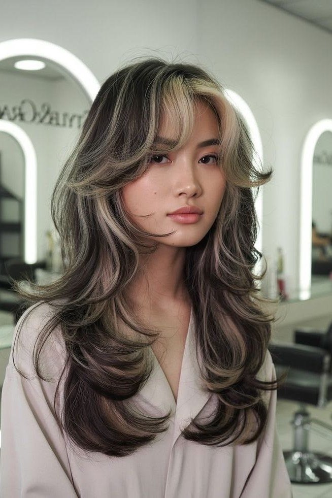 Dark Grey Butterfly with Blonde Money-Piece Bangs - butterfly cut hairstyle for women over 60