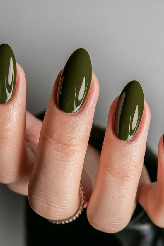 42. Olive Green Solid Nails - Thanksgiving nail art idea for women over 50
