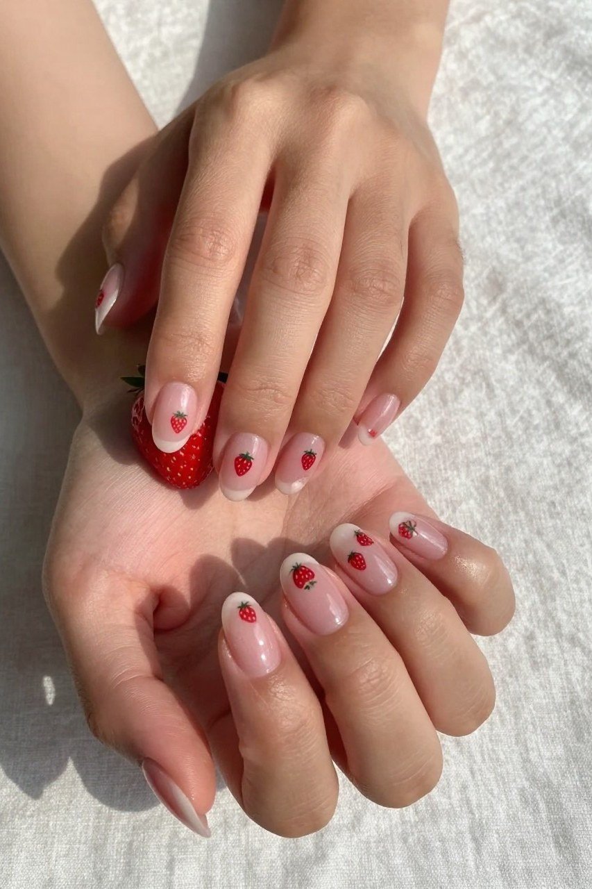 Sheer pink nails with scattered strawberry dot art