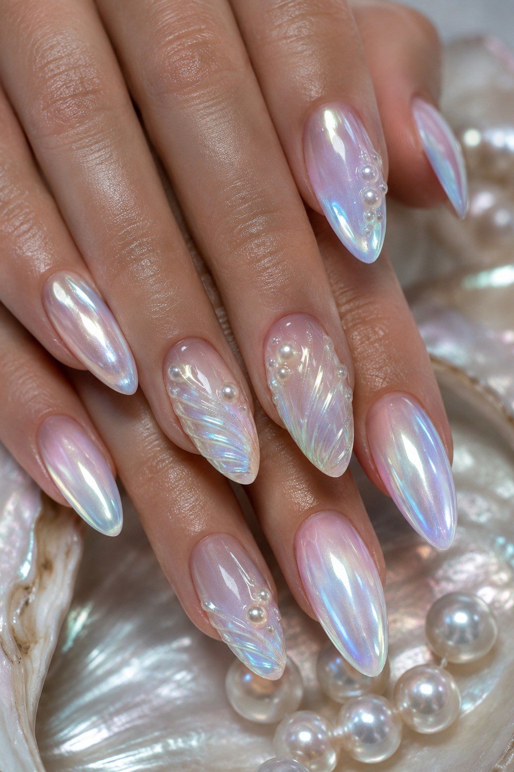 Iridescent Pearl Chrome with Blue Shift - pearl finish nail idea for women over 60