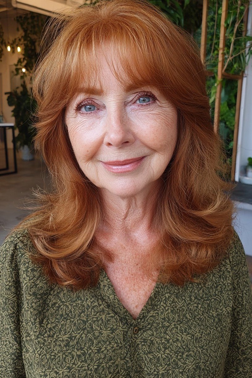 Auburn Wavy Lob with Soft Bangs - medium hairstyle for women over 60