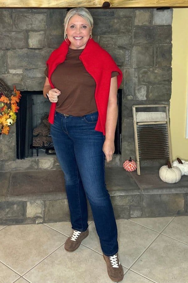 Red Scarf and Cardigan with Jeans on a woman over 50, fall outfit idea