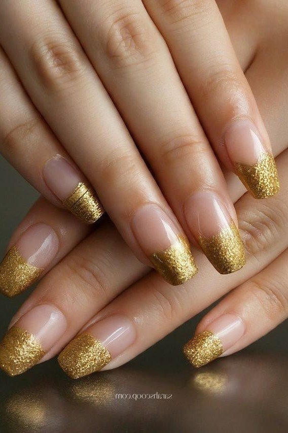 Gold Glitter French Nails, understated glam nail color for women over 60