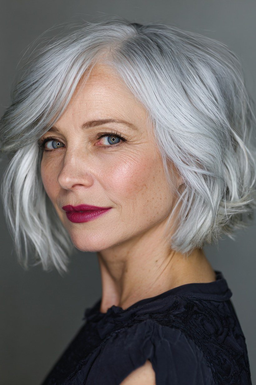 Tousled Silver Three-Quarter Bob - short wavy bob hairstyle for women over 60