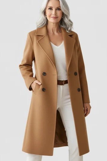 Camel midi coat with a white top and white wide-leg trousers for women over 50 at work