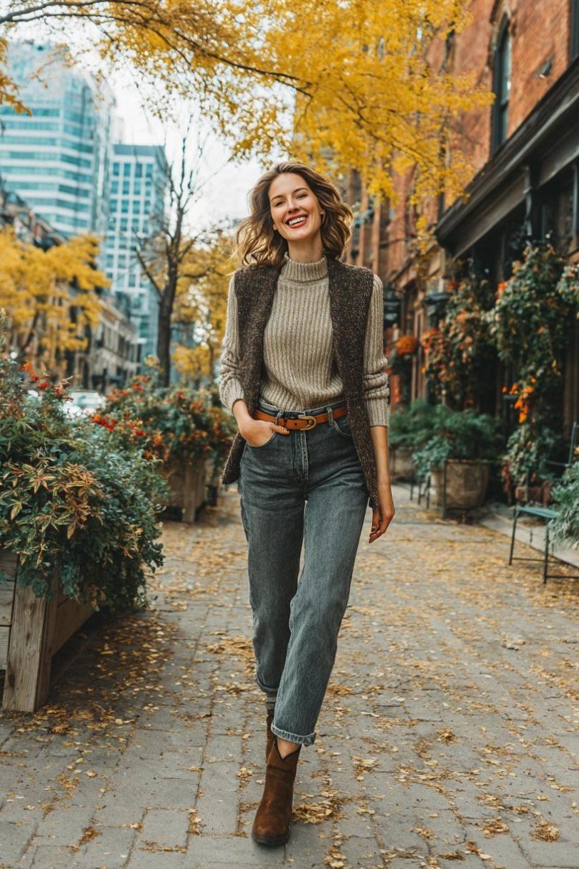 Taupe Vest with Straight-Leg Jeans - fall outfit for women over 40