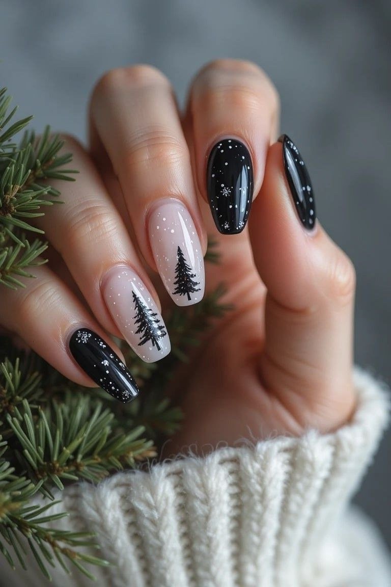 black with christmas tree art, white sweater