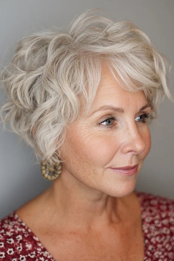White wavy pixie haircut for older women