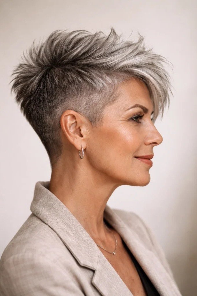 Spiky grey pixie with tapered undercut, profile, blazer, micro pixie cut for women over 60 going silver