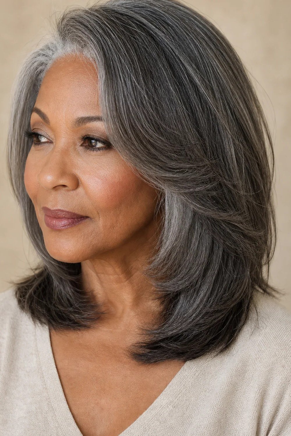 Sleek slate-silver straight layered medium-length hairstyle, front side view, for women over 50