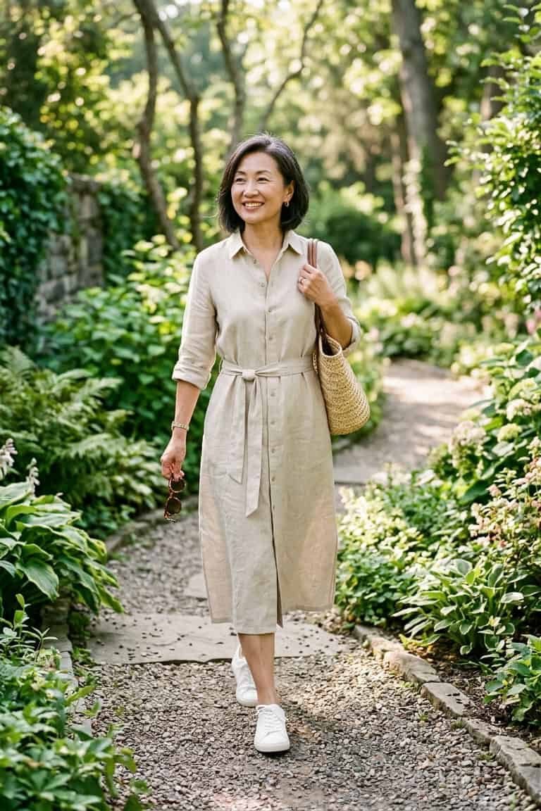 Woman over 50 wearing Beige shirtdress with white sneakers on a garden path.