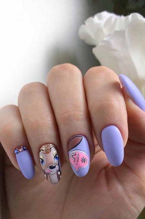 Dark green nails with Bambi portrait accents fall nail art