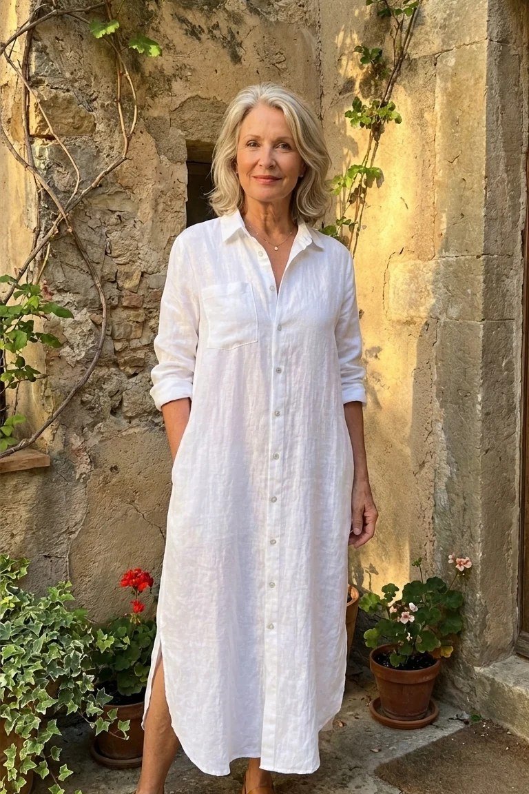White Linen Button Shirtdress summer outfit idea for women over 60
