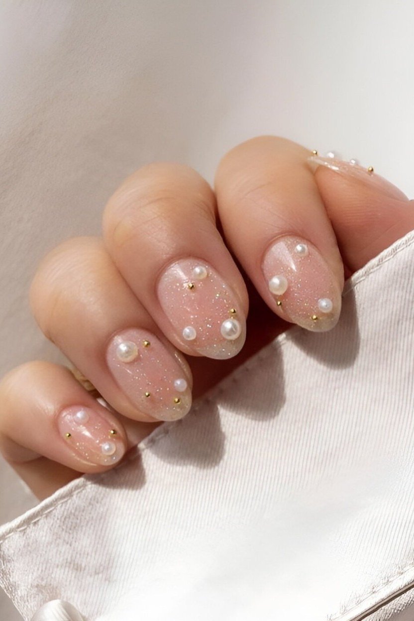 Nude almond nails with tiny pearl dots
