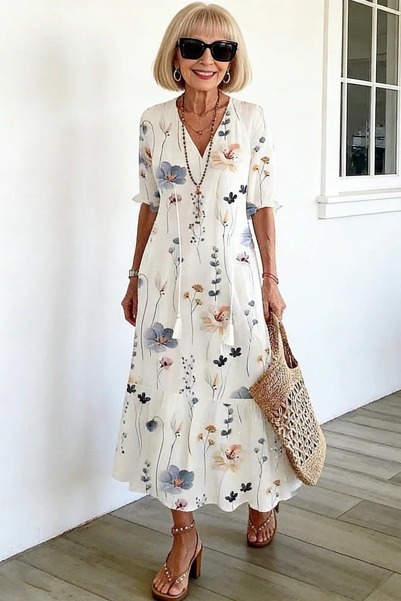 Blonde woman in a white floral midi dress with a straw bag, white porch - summer dress for women over 50