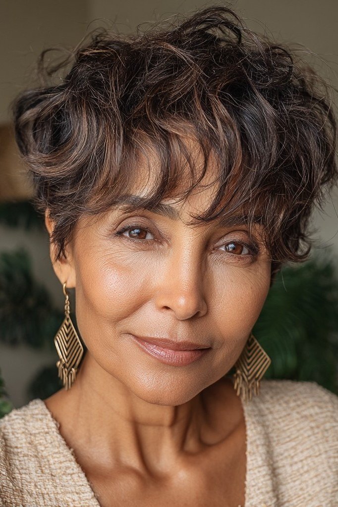 Dark curly choppy pixie haircut for women over 60, front view