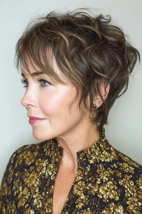 curly brunette voluminous pixie for women over 50