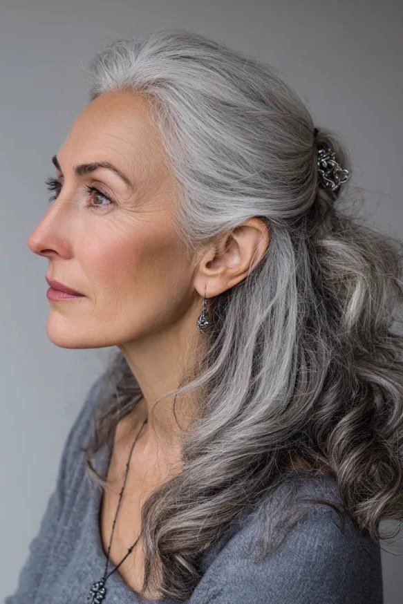 long grey hair in half-up style, side profile hairstyle for women over 70