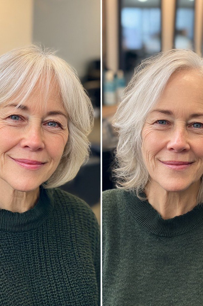 Before and after straight to shaggy silver bob transformation, two-panel comparison, silver layered bob for women over 50