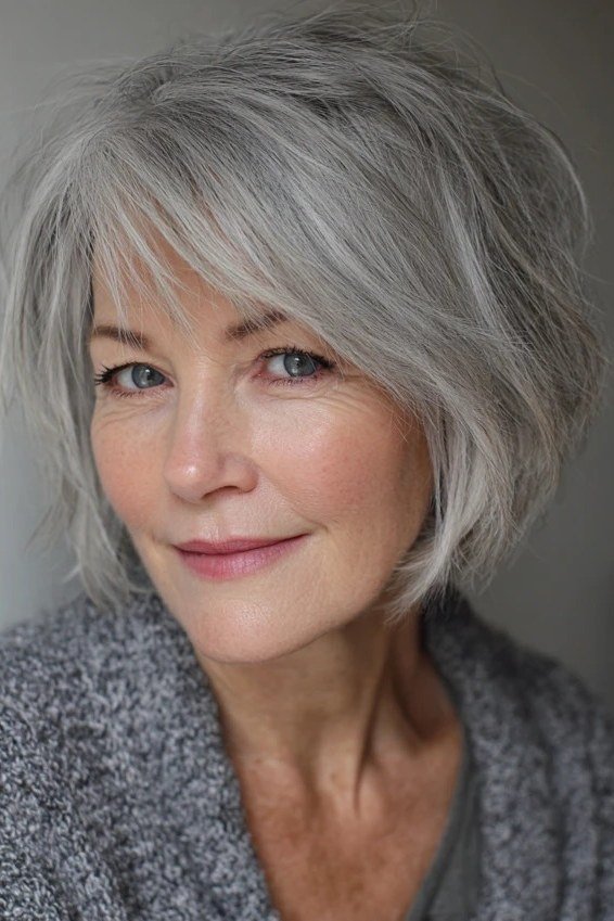 Silver Bob with Soft Bangs - grey shoulder length hairstyle for women over 60