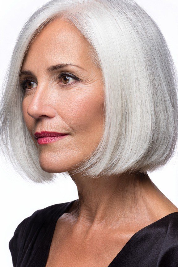 white straight bob, side view for women over 50