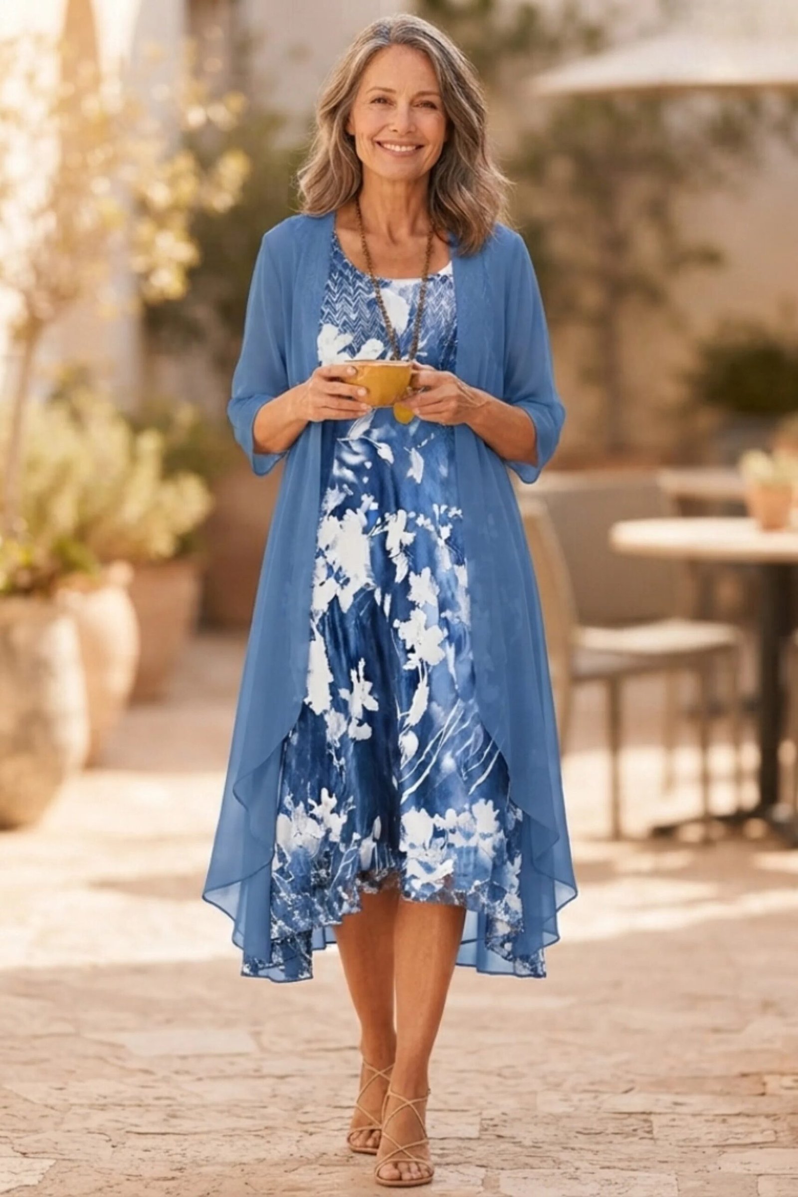 blue floral dress with duster at the cafe for women over 60