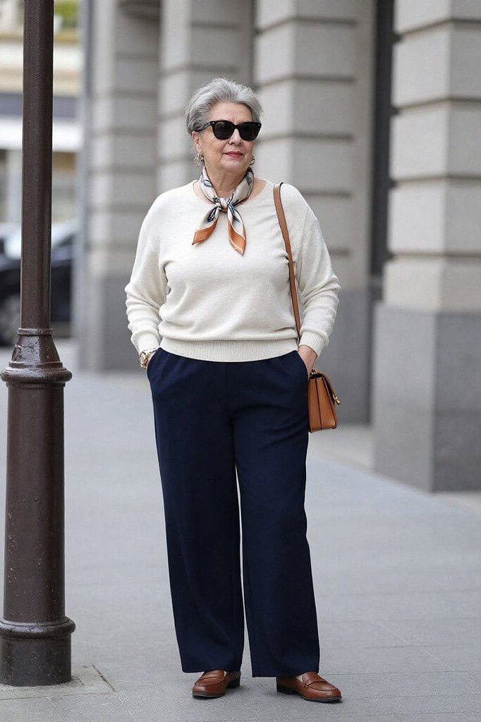 Older woman wearing a cream sweater with a neck scarf and navy wide-leg trousers