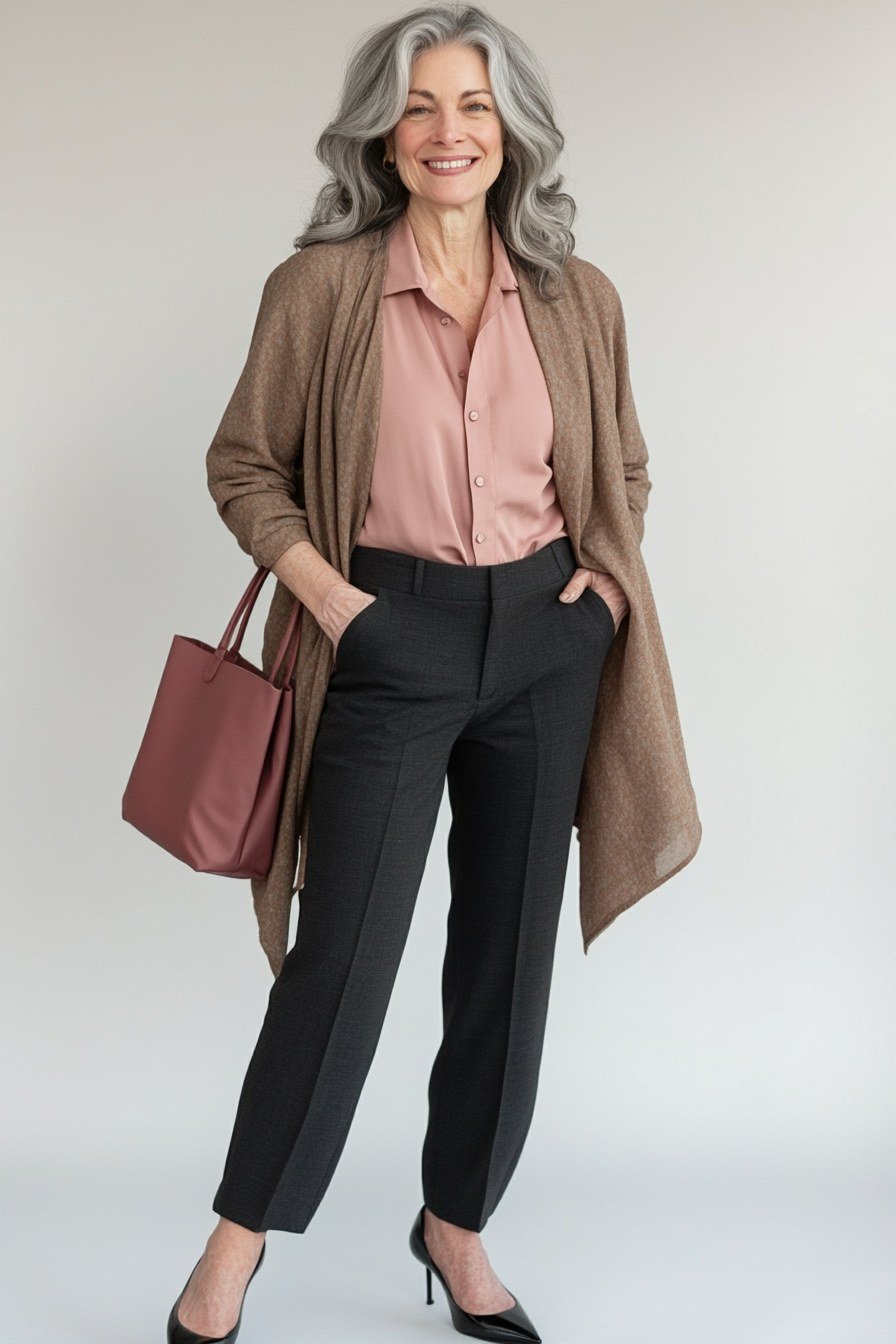 Dusty pink blouse with black tailored trousers and black heels, feminine weekend outfit for women over 40