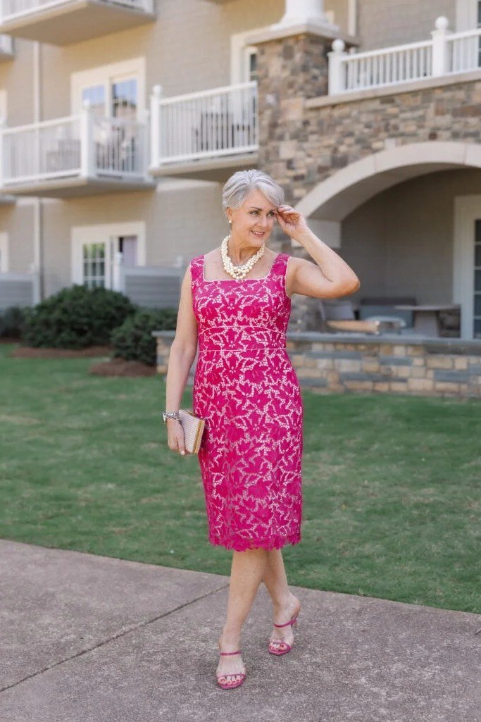 Taupe lace evening gown with sash for women over 50, fall date night outfit