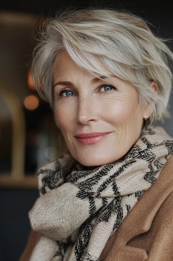 Chic Grey Layered Pixie, layered hairstyle for women over 70