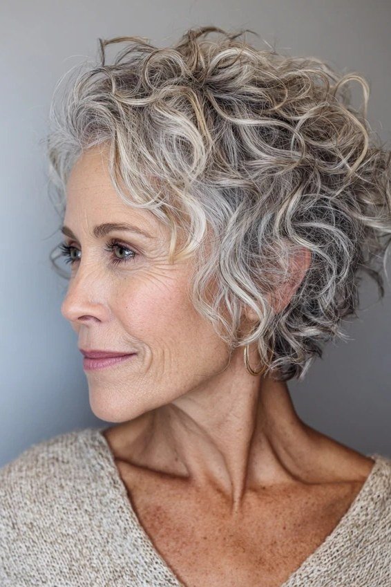 Silver Curly Bob, Side Swept - curly bob hairstyle for women over 50