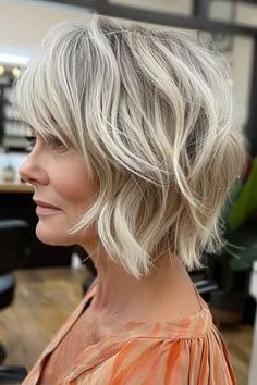 textured blonde bob, side profile, medium length hairstyle for women over 60