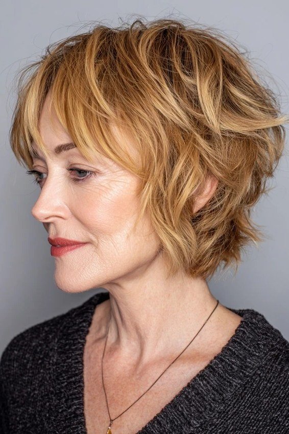 Choppy bob hairstyle for women over 60: blonde bob front copper top