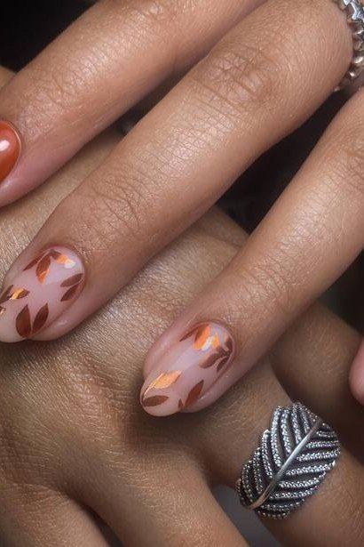 Terracotta leaf art nails, fall nail design for women over 60
