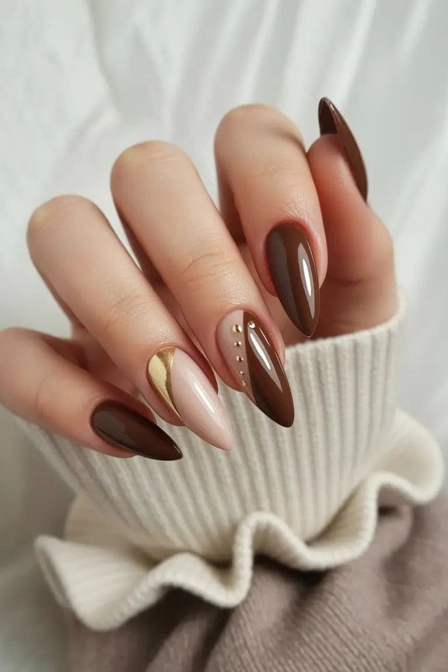 Copper brown and nude almond trio, elegant fall nail design for women over 40