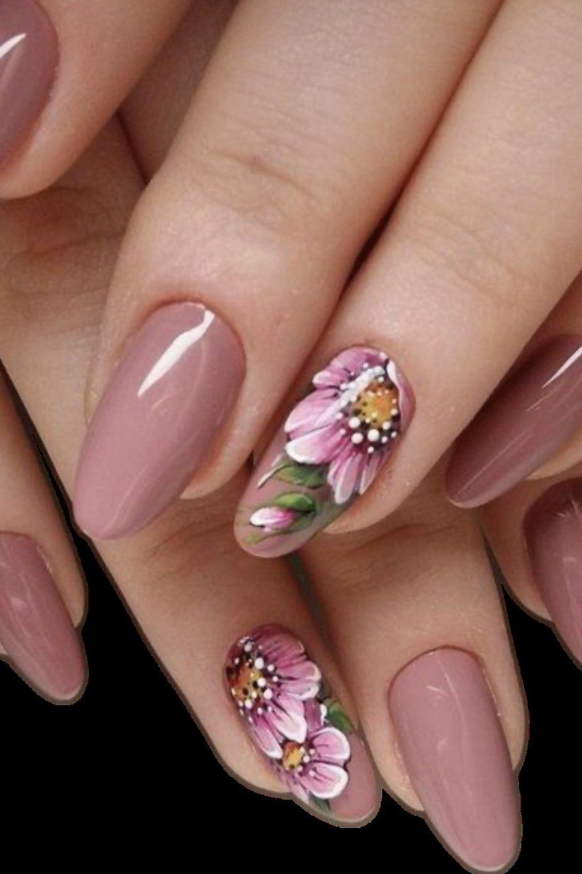 Mauve Almond Nails with Pink Floral Decals, elegant mauve nail idea for women over 60