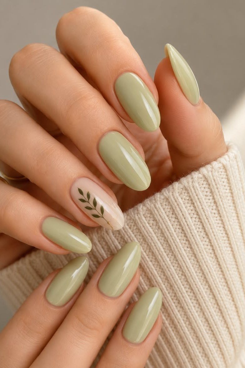 Sage green nails with leaf art, best manicure idea for women over 60