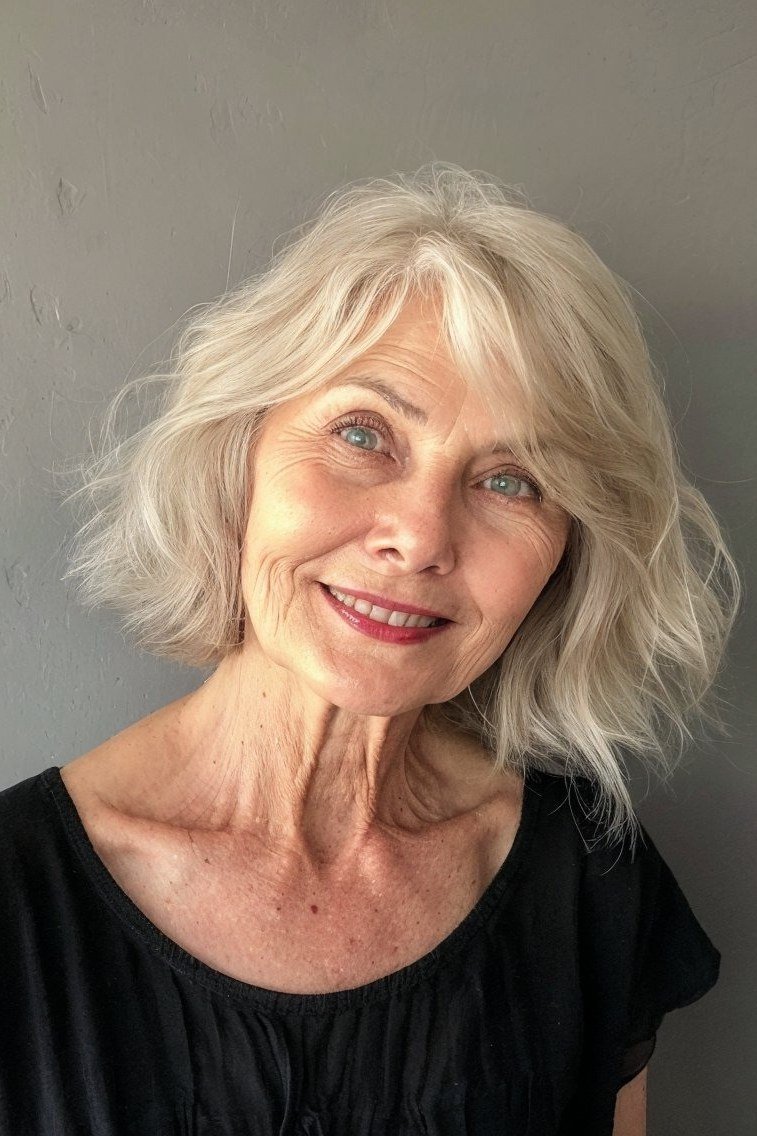 Curly grey bob haircut for women over 70, front view