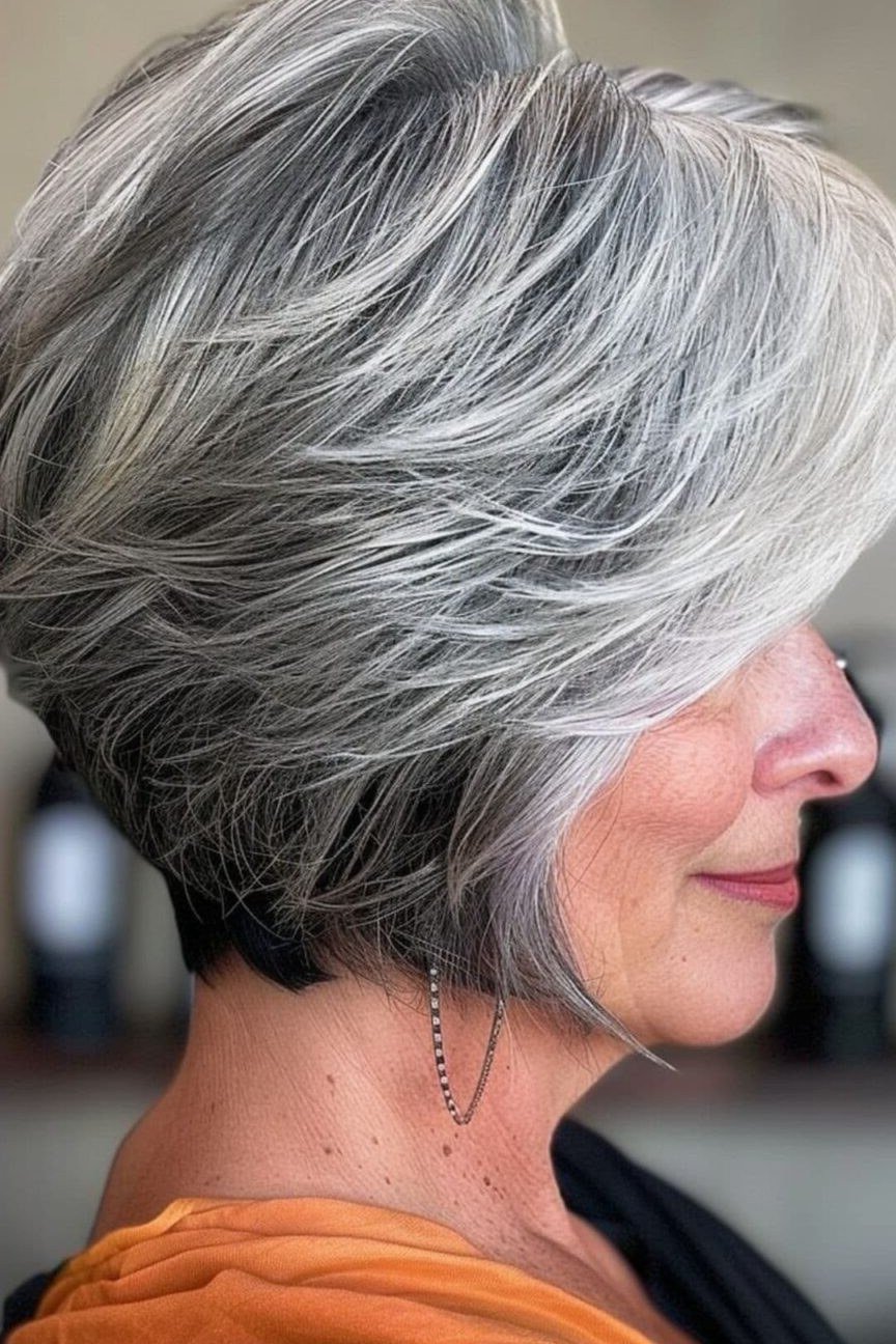 Gray layered shaggy bob haircut for women over 60, side profile