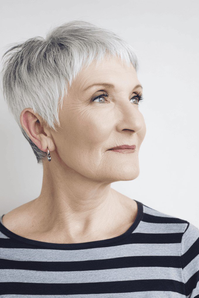 Crisp short white pixie for women over 70