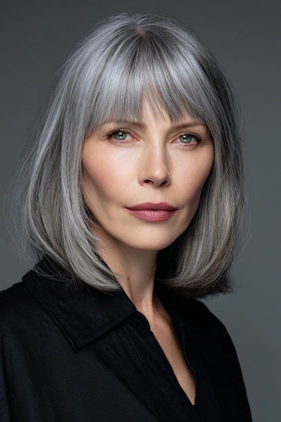 salon styled silver bob with bangs, three quarter view