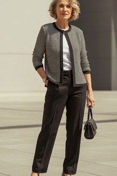 Grey cropped blazer with white top and black trousers for women over 60