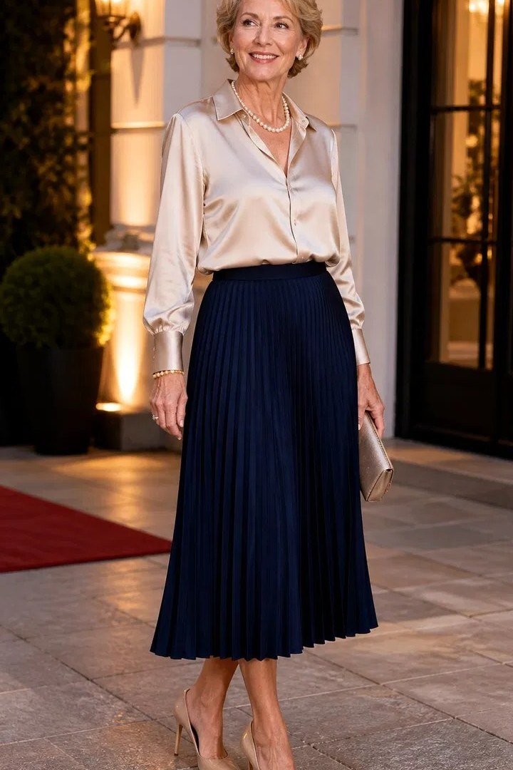 Champagne Blouse With Navy Pleated Skirt - flattering outfit idea for women over 50, how to dress better over 50