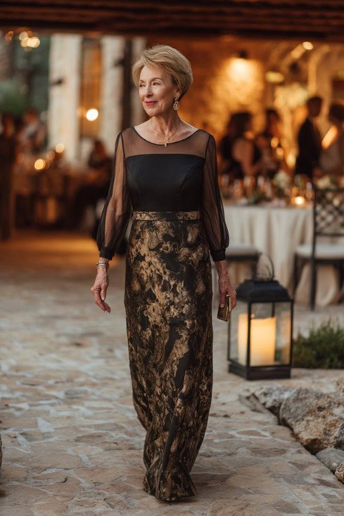 black gown with illusion lace top and gold lace skirt, evening venue,, elegant wedding guest dress for women over 60